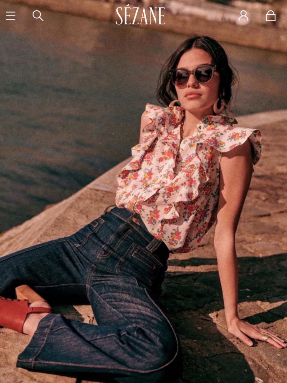 Sézane White Floral Ruffle Cap-Sleeve Top